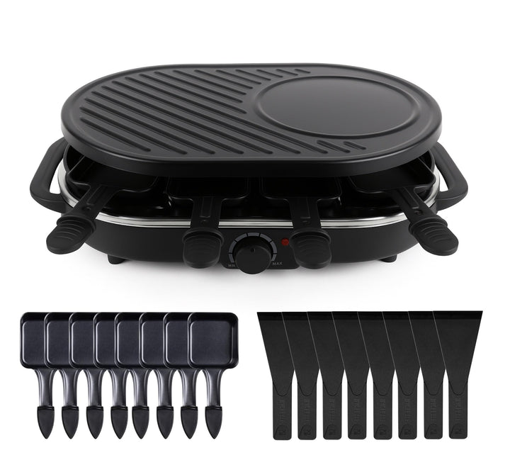 8 Personen Set Raclette Grill oval - Mit Grillplatte & Crepes Funktion - Tischgrill inkl. Pfännchen