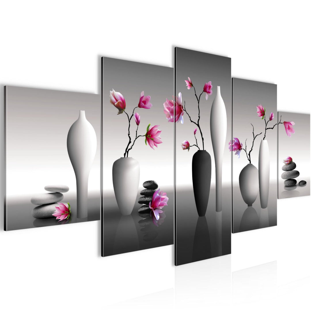 Runa Art Wandbilder Blumen Magnolien 5 Teilig Bild auf Vlies Leinwand Deko Wohnzimmer Spa Rosa Grau