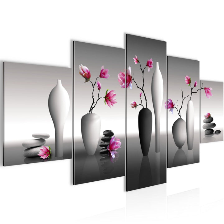 Runa Art Wandbilder Blumen Magnolien 5 Teilig Bild auf Vlies Leinwand Deko Wohnzimmer Spa Rosa Grau
