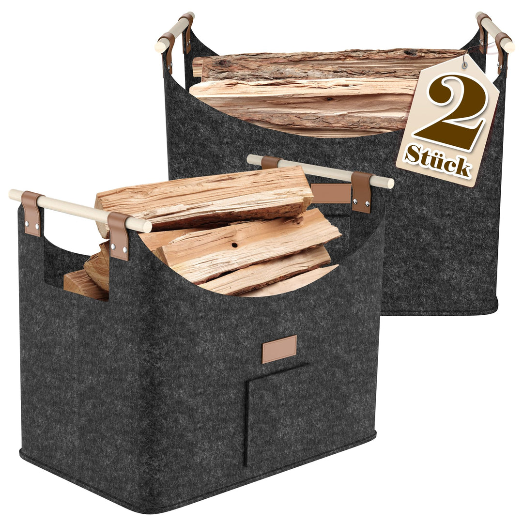 2X Feuerholzkorb mit Holzgriff Faltbare Kaminholzkorb mit Seitentaschen Filztasche für Holz Transpor