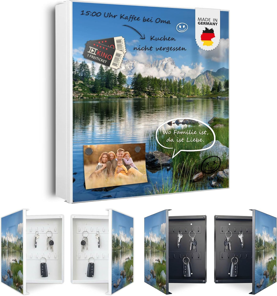 banjado® Grosser Schlüsselkasten Glas/Schlüsselbox 30cm x 30cm mit 50 Haken - Motiv Gebirgssee/Schlü
