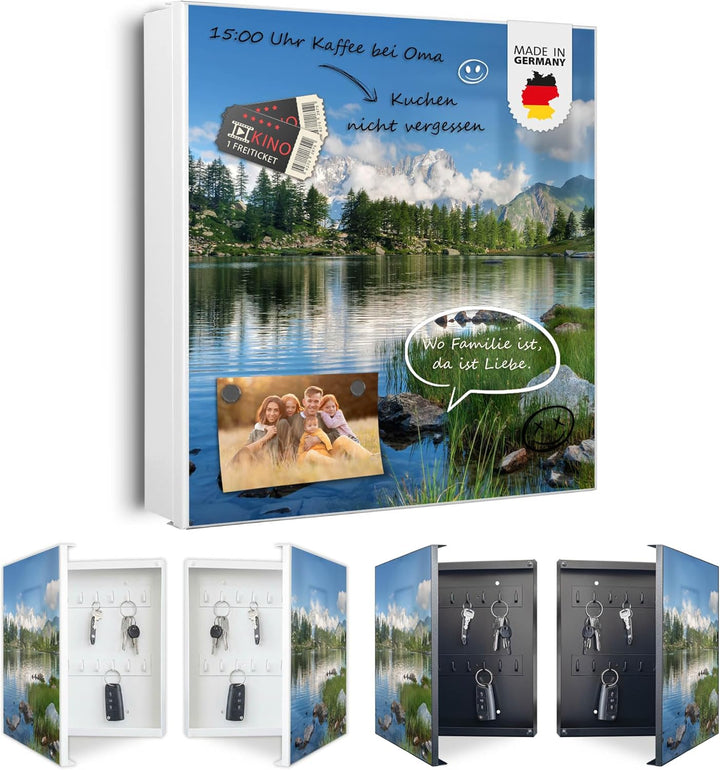 banjado® Grosser Schlüsselkasten Glas/Schlüsselbox 30cm x 30cm mit 50 Haken - Motiv Gebirgssee/Schlü