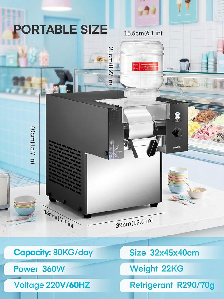 FOHERE Gewerbliche Schnee-Eismaschine 125kg/24h, Edelstahl Bingsu Maschine mit Selbstreinigungsfunkt