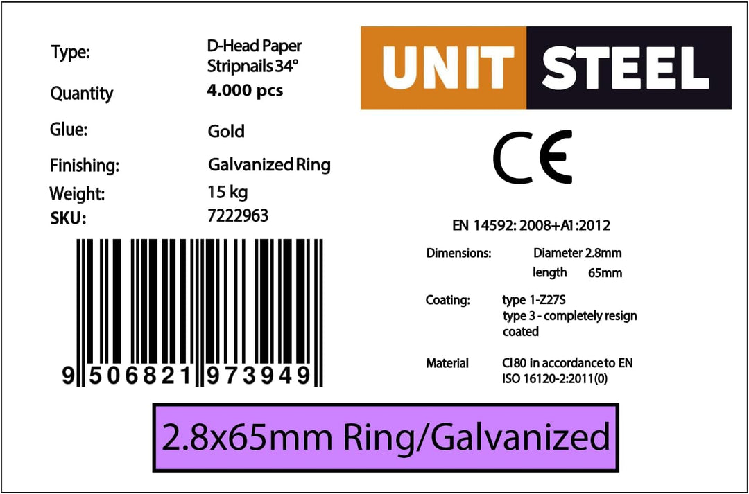 34° Halbkopf-Streifennägel - 2,8X65mm, 4.000 stück, Nägel für Druckluft-Nagler, D-Kopf, Ring/Verzink