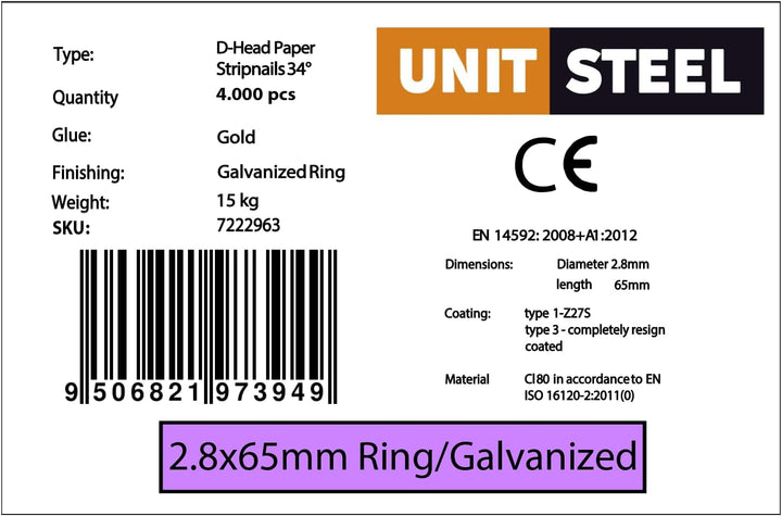 34° Halbkopf-Streifennägel - 2,8X65mm, 4.000 stück, Nägel für Druckluft-Nagler, D-Kopf, Ring/Verzink