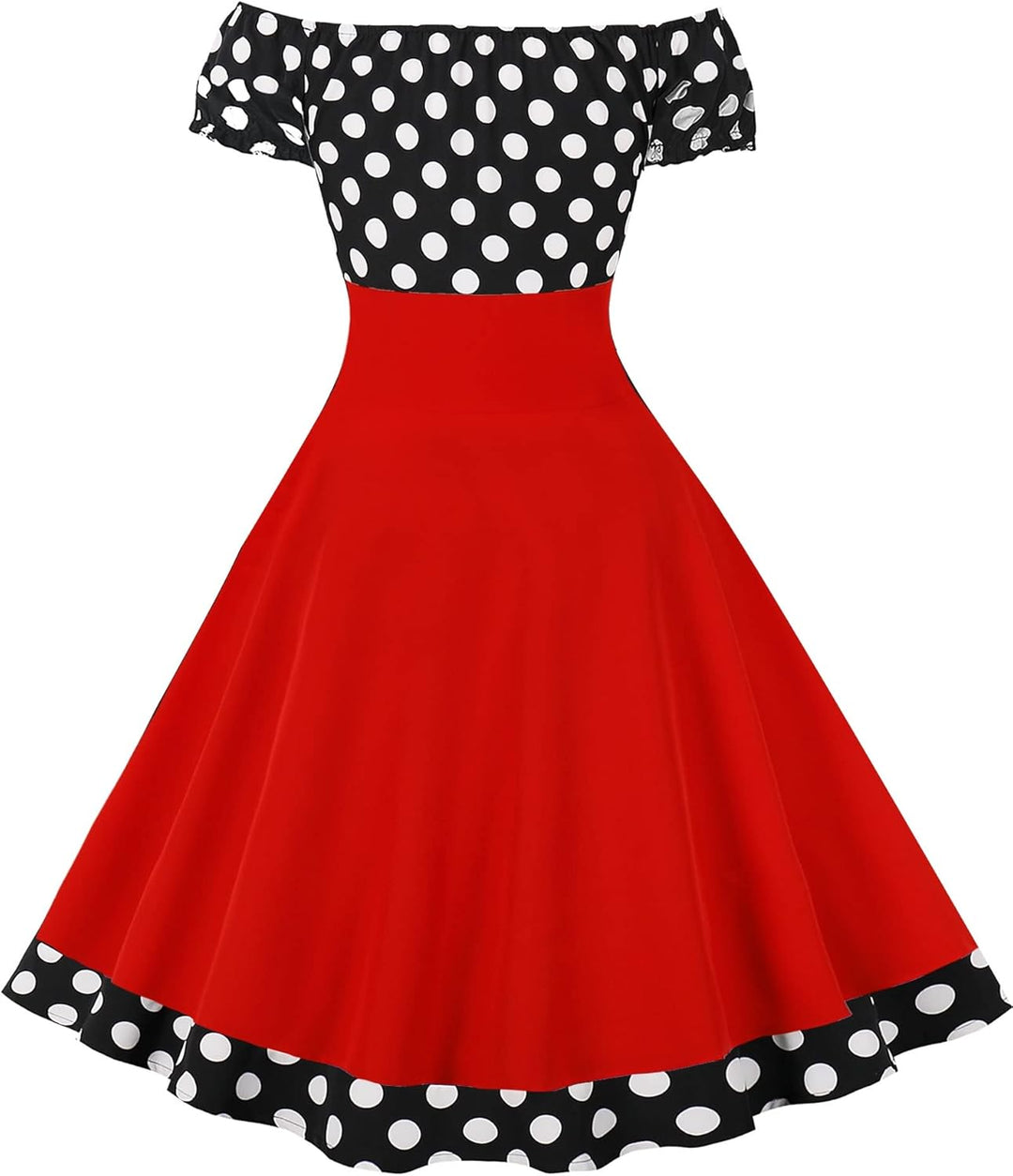 AXOE Damen Schulterfrei Kleid 50er Jahre Cocktailkleid mit Kurz Ärmel XS Rot/Schwarz, XS Rot/Schwarz