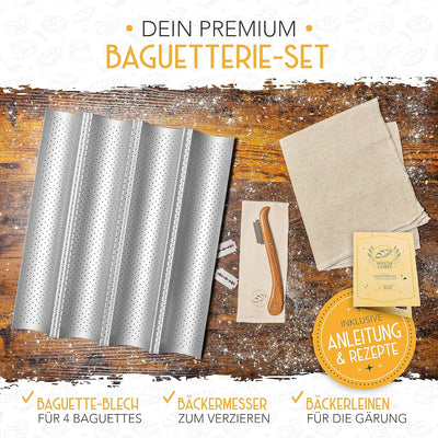 KRUSTENZAUBER Baguette Backform Antihaft inkl. Bäckerleinen u. Bäckermesser - 4er Baguette-Backblech