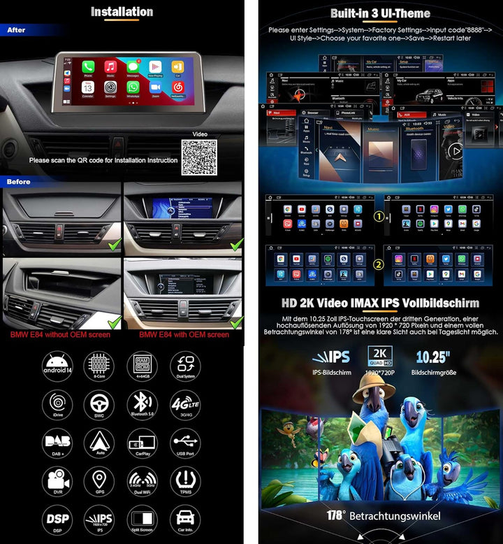 Erisin Android 14 Autoradio GPS mit Navigation für BMW X1 E84, 10.25 Zoll Auto Multimedia Player IPS