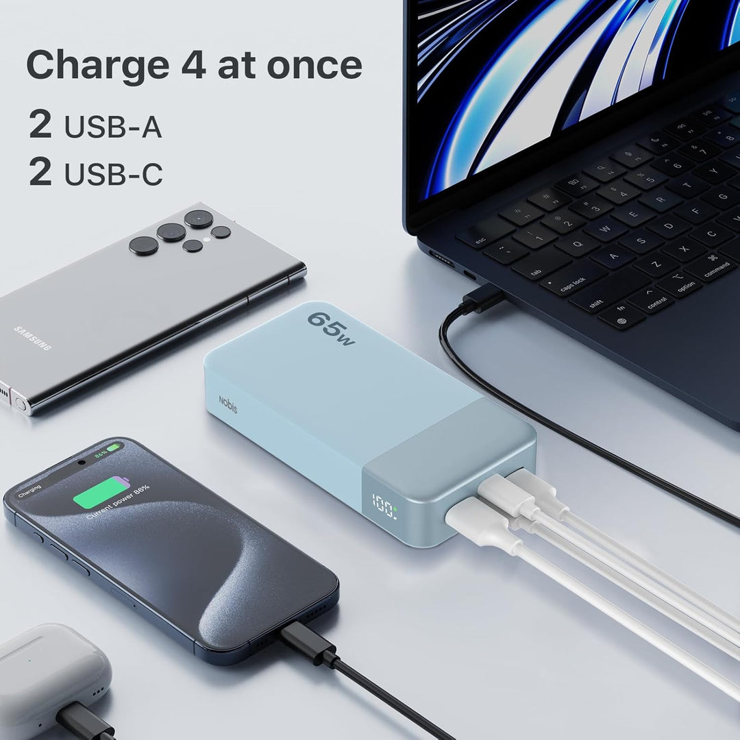 NOBIS Powerbank 20000mAh, 65W Schnellladung Power Bank, Tragbarer Ladegerät mit Digitalanzeige, Dual