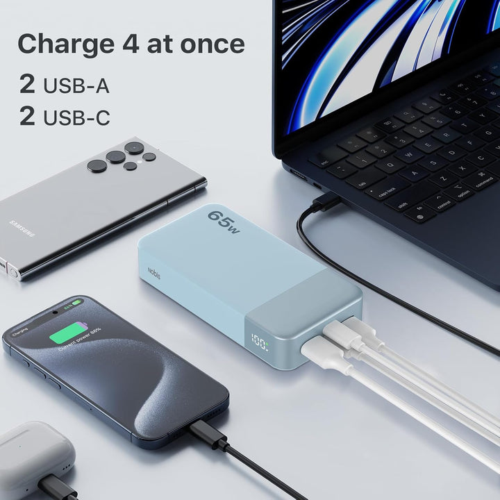 NOBIS Powerbank 20000mAh, 65W Schnellladung Power Bank, Tragbarer Ladegerät mit Digitalanzeige, Dual