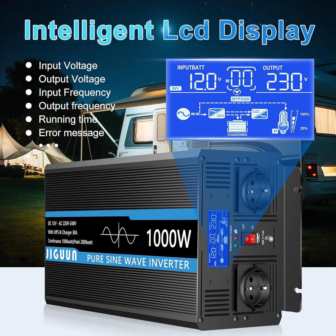 JIGUUN 1000W 2000W Wechselrichter Reiner Sinus Spannungswandler 12v 230v Mit 30A-Ladegerät und Netzv
