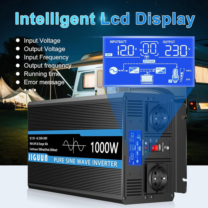 JIGUUN 1000W 2000W Wechselrichter Reiner Sinus Spannungswandler 12v 230v Mit 30A-Ladegerät und Netzv