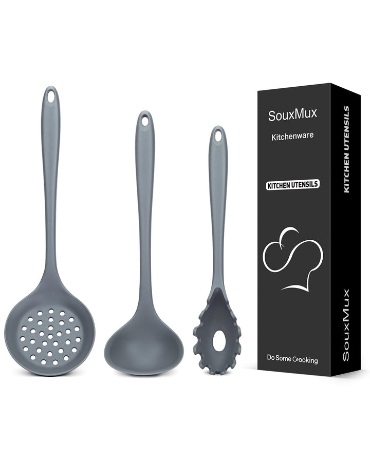 3 Stück Silikon-Küchenutensilien-Set, Suppenkelle-Nudelgabel-Schlitzlöffel, Antihaft-BPA-frei, Hochh