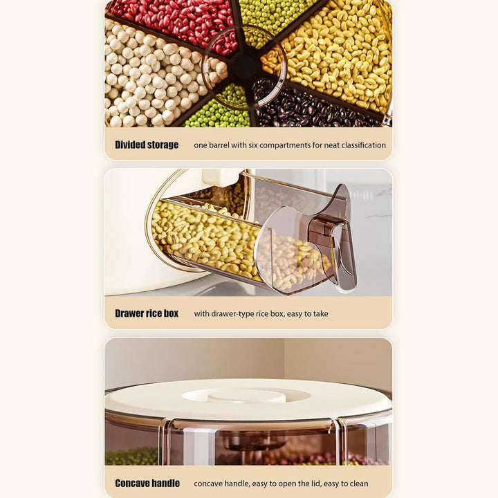 6-Grid Rotating Food Dispenser for Kitchen | -Click Rice Storage Container with Rotating Design | Mu