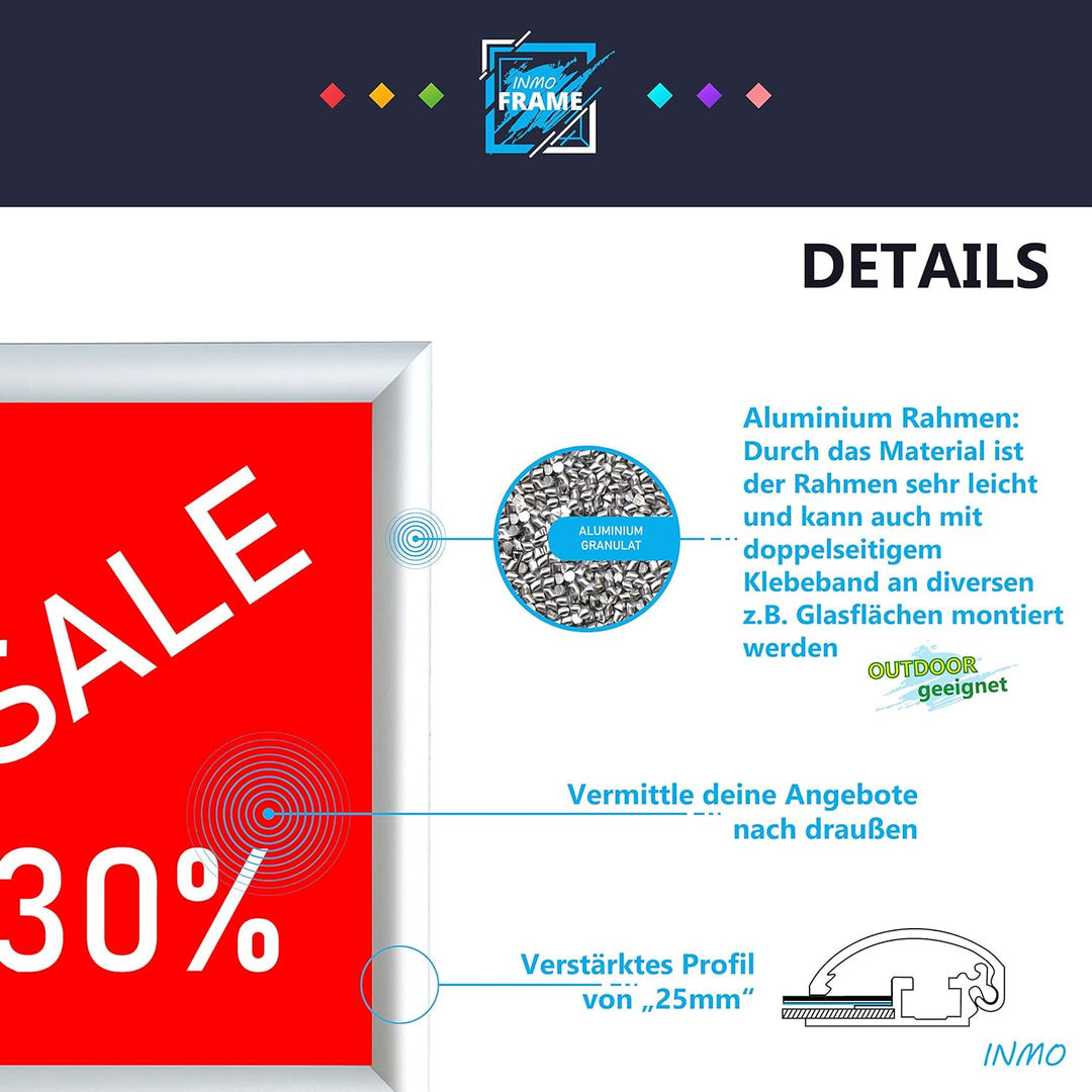 INMO Alu-Klapprahmen DIN A2 mit Aluminium Profil ohne Glas - Klappbarer Bilderrahmen Silber - Fotora