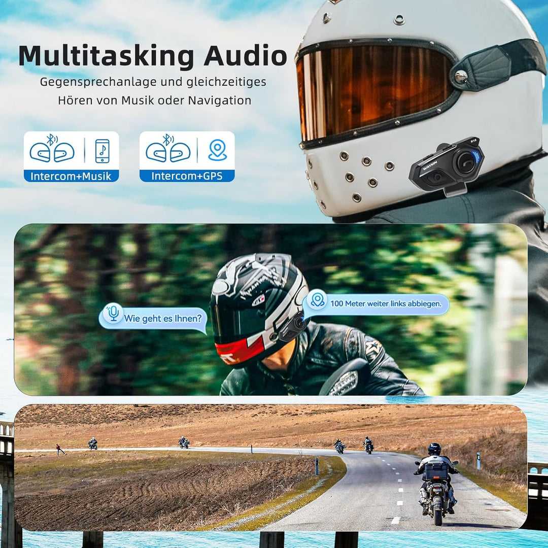 R16 Motorrad Bluetooth Headset –motorradhelm -Intercom mit Dual-Chip, Multi-Audio,IP67 wasserdicht,