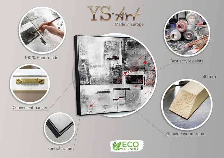 YS-Art XXL Abstrakt Acryl Gemälde auf Leinwand Courage handgemalt Wandbilder schwarz weiss grau rot