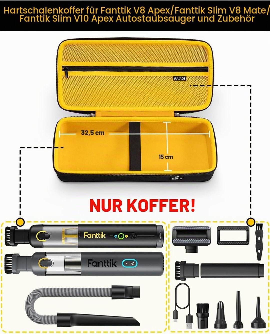 RAIACE Autostaubsauger-Etui, Hartschalen-Reiseetui, kompatibel mit Fanttik V8 Apex/Slim V8 Mate/ V10