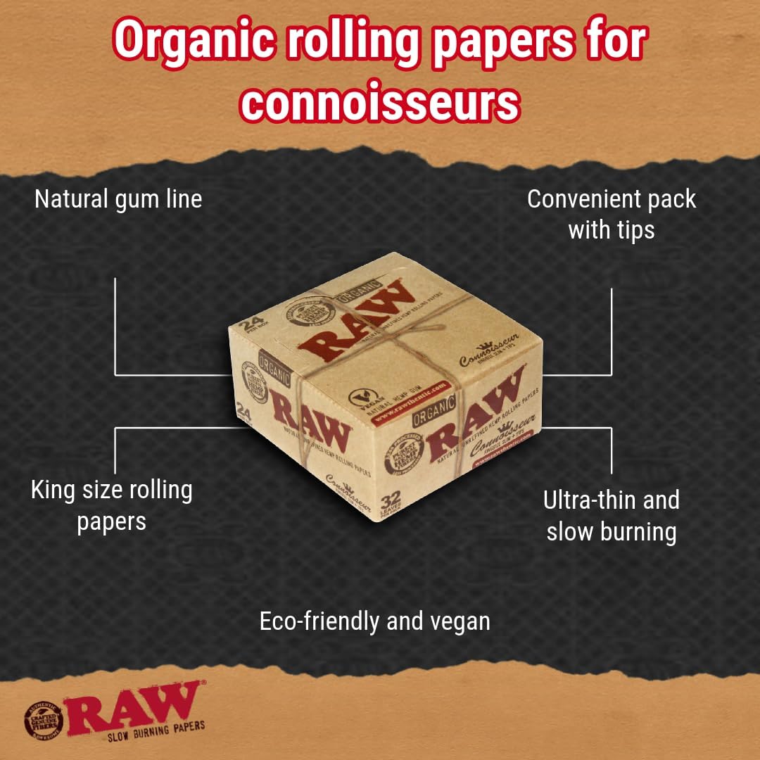 Raw dünnes Zigarettenpapier & Filter aus Bio-Hanf Connoisseur, King Size - 24 Heftchen