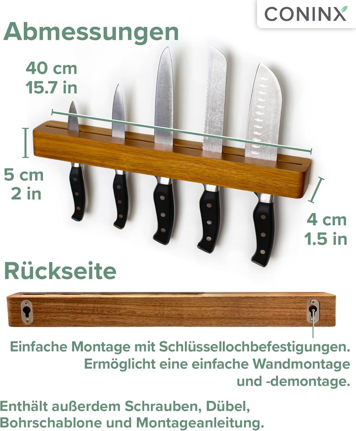 Coninx Magnetischer Messerhalter aus Akazienholz – 40 cm Messerleiste zur Wandmontage mit Schrauben