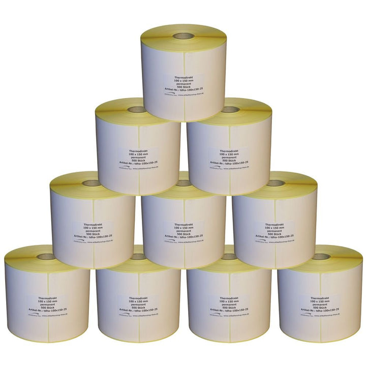 10 x Thermo Etiketten auf Rolle - 100 x 150 mm - 5.000 Stück - Hülse 25 mm - permanent haftend