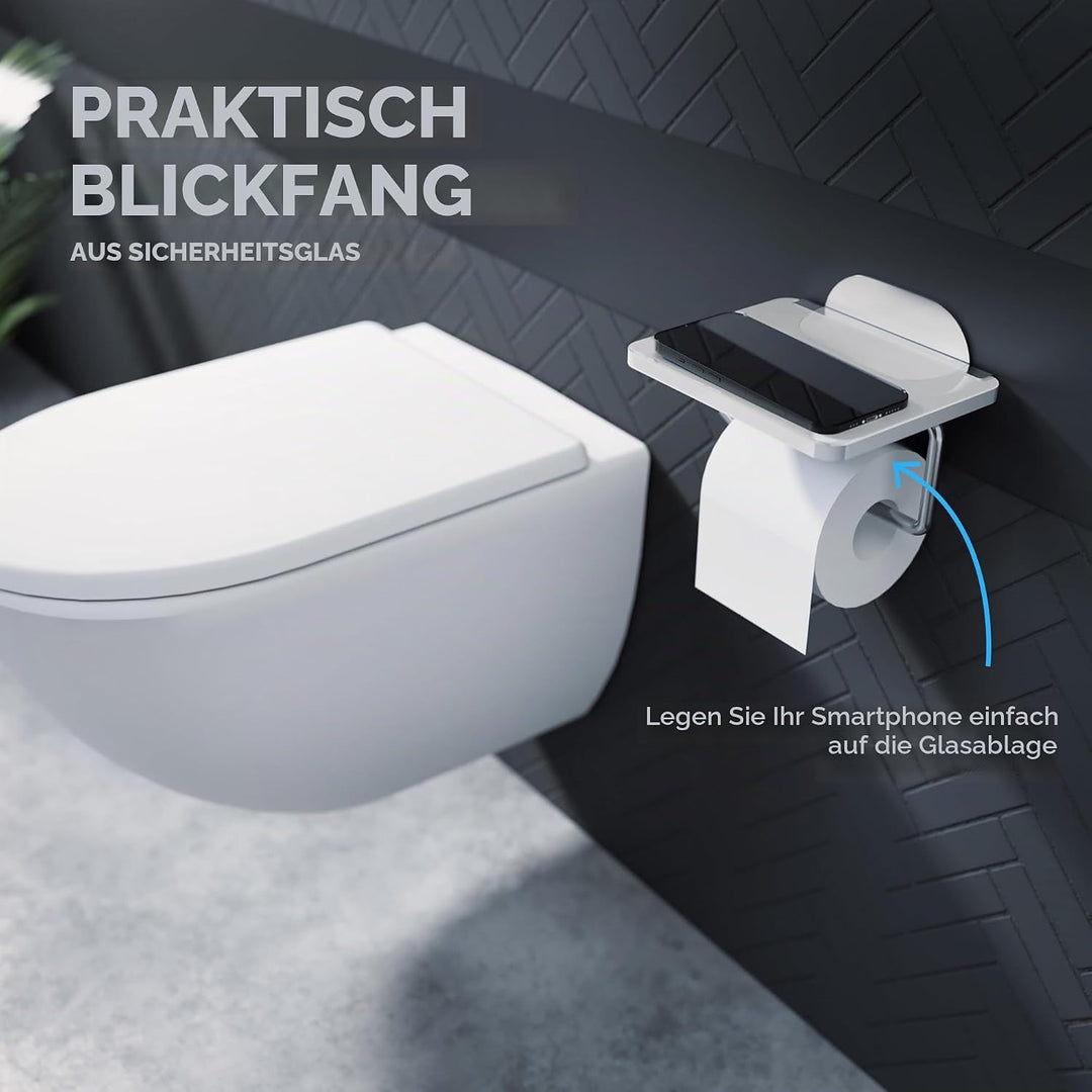 ovimar Toilettenpapierhalter Helnaes Papierrollenhalter mit Glasablage Silber 3M | Klopapierhalter s