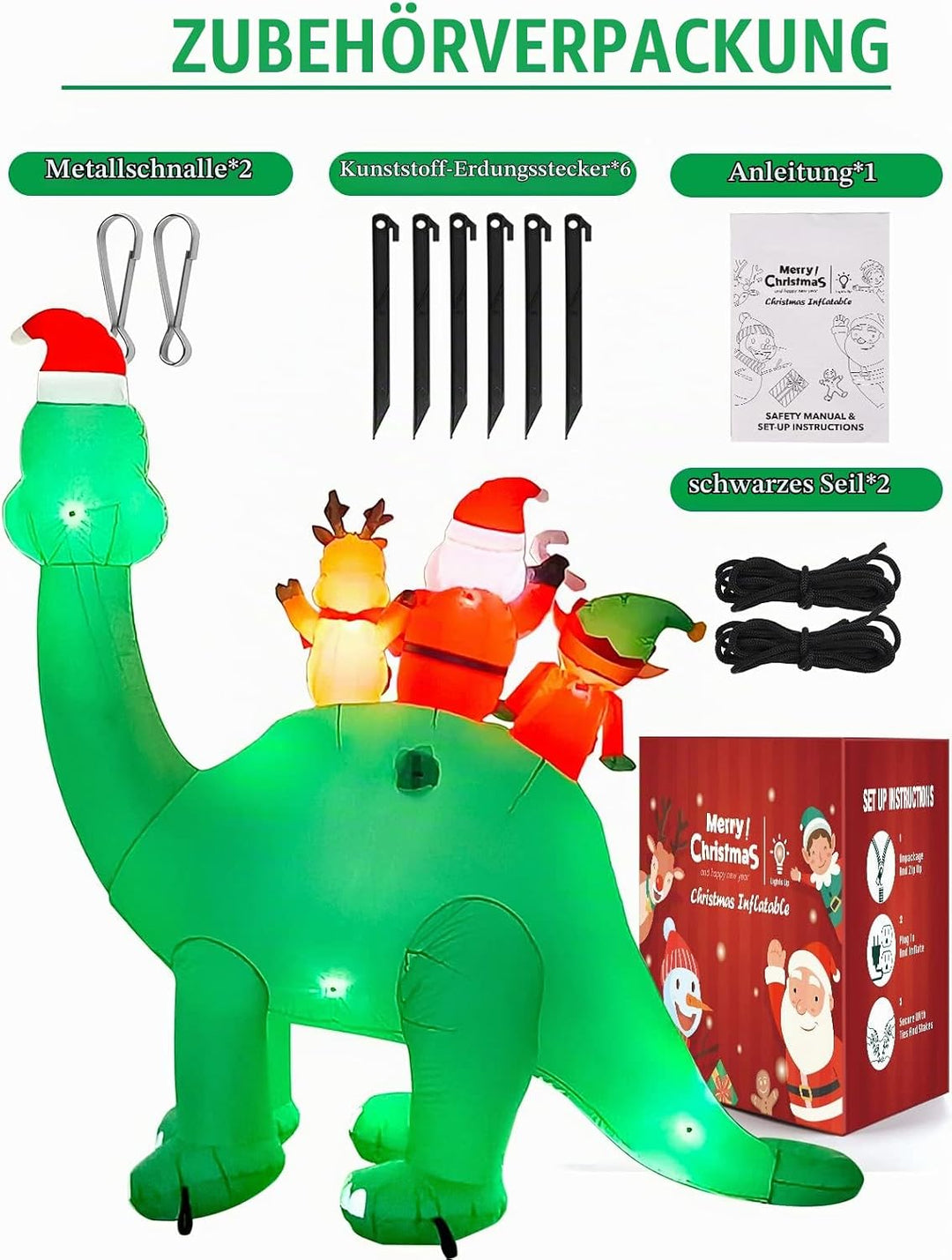 Kalolary 6,7 Fuss Aufblasbare Weihnachtsdekoration, Aufblasbarer Weihnachts-Dinosaurier mit Elf Rent