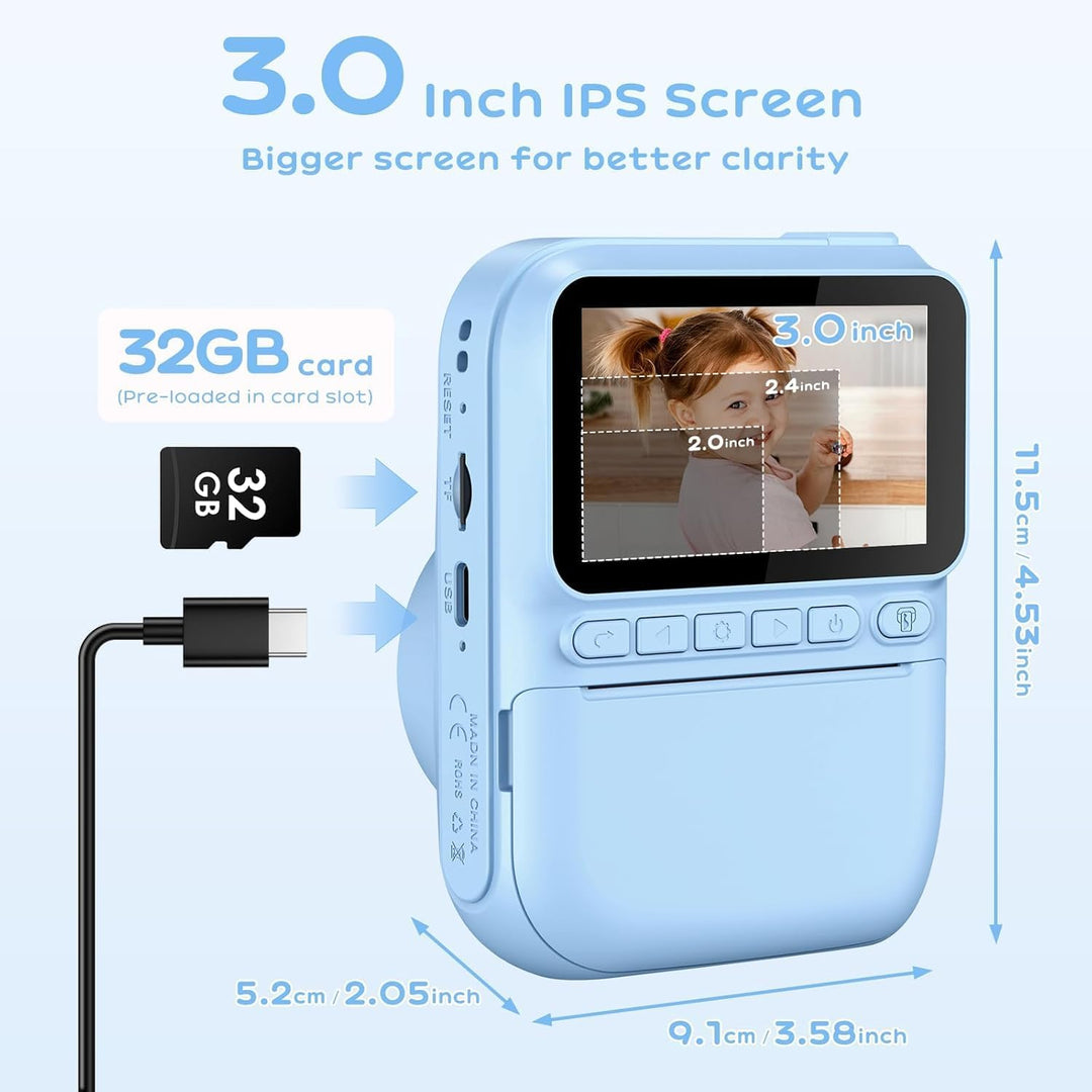 GREENKINDER Sofortbildkamera Kinder,14MP 3.0 Zoll Bildschirm Kinderkamera Sofortbildkamera mit 32G K