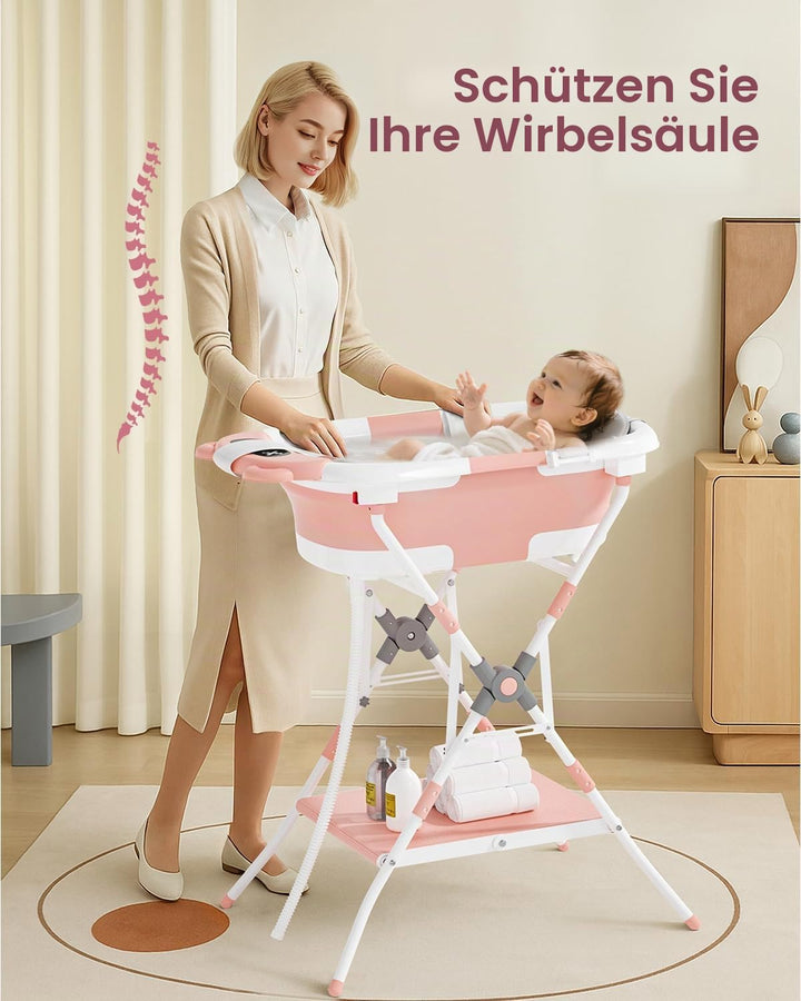 COOSEYA Baby Badewanne mit Gestell für 0-18 Monate, Faltbare Babybadewanne mit Stützpolster und Temp