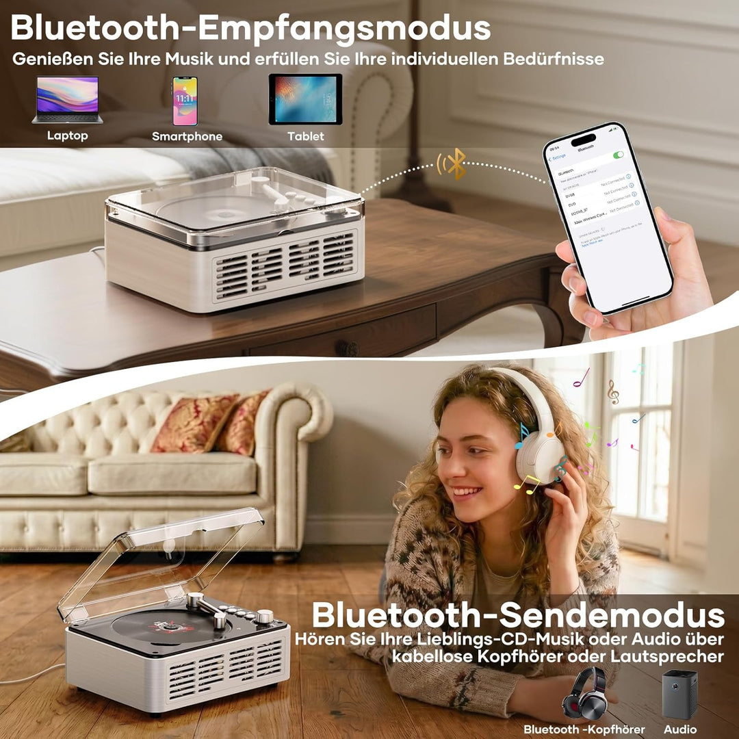 Tragbarer Bluetooth CD Player mit Fernbedienung - Timzeit Weisse Retro CD Spieler mit HiFi-Sound Lau