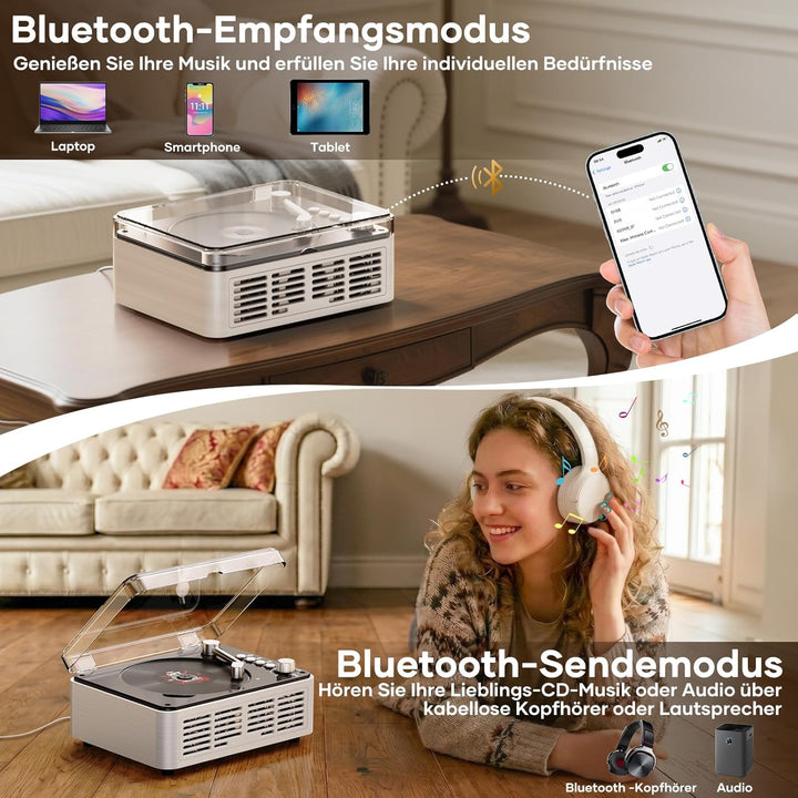 Tragbarer Bluetooth CD Player mit Fernbedienung - Timzeit Weisse Retro CD Spieler mit HiFi-Sound Lau