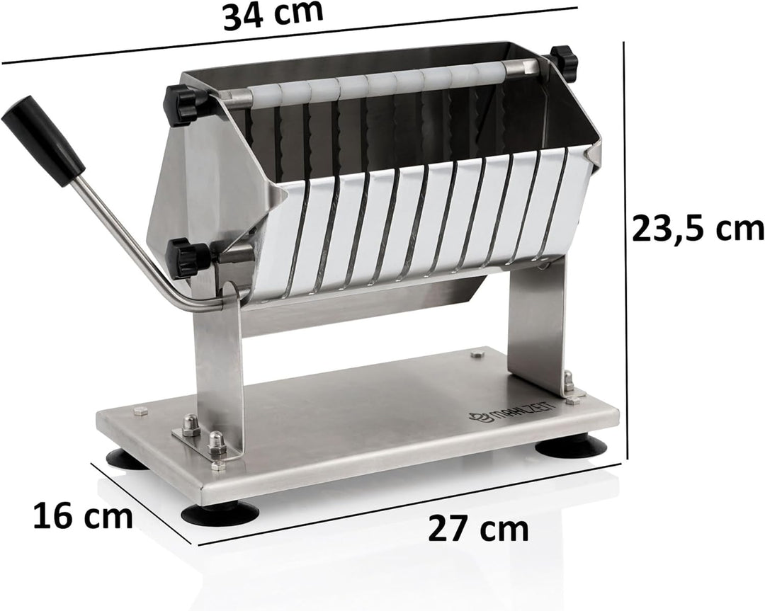 Mahlzeit Edelstahl Currywurstschneider für 18 mm Scheiben | 10 extra scharfe Messer mit Wellenschlif