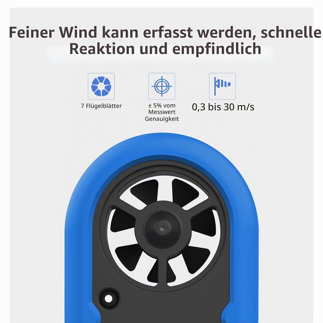 Windmesser Windmessgerät Hand, Mini Digital Windgeschwindigkeitsmesser, Misst Temperatur, Max/Durchs
