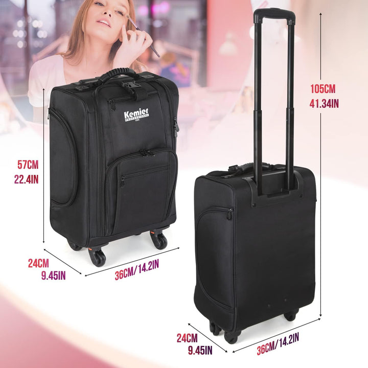 Kemier Make up Koffer, Weiche Zweiseitige Nylon Rollen Mobiler Kosmetik Organizer mit Tasche, Schwar