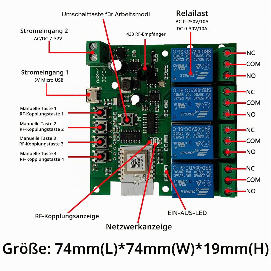 Jane Eyre 4 Kanal Tuya Zigbee Smart Switch, Jog/Selbstsperrendes Relais DC/AC 7-32V mit 433Mhz RF Fe