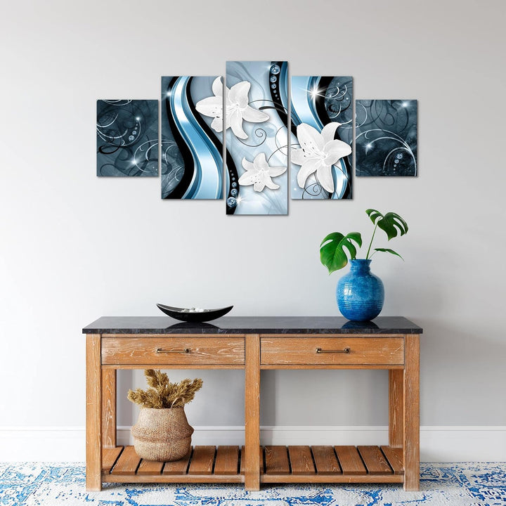 Runa Art Wandbilder Blumen Lilien 5 Teilig Bild auf Vlies Leinwand Deko Wohnzimmer Abstrakt Blau 210