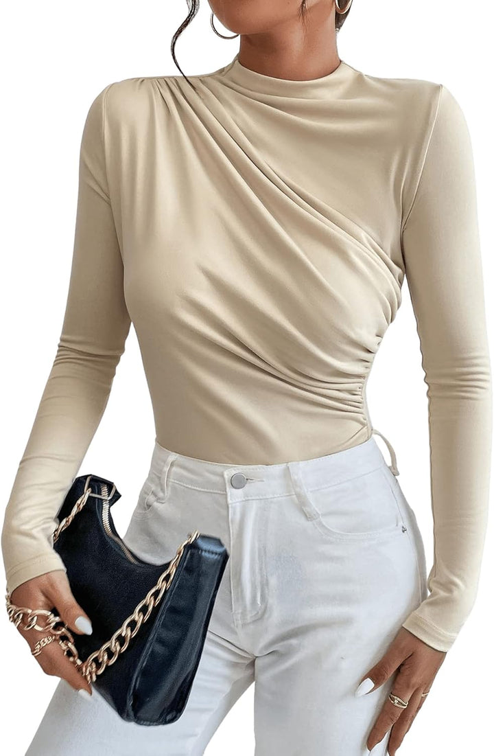 Damen Body Elegant Langarm Bodysuit mit Rollkragen Rüschen Oberteil Sexy Top Body, XS
