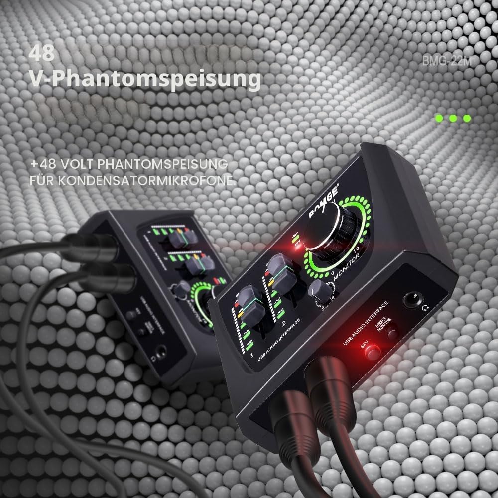 BOMGE Mini-2-Kanal-USB-Audio-Schnittstelle für Aufnahmen, Streaming und Podcasting, mit XLR/48 V Pha