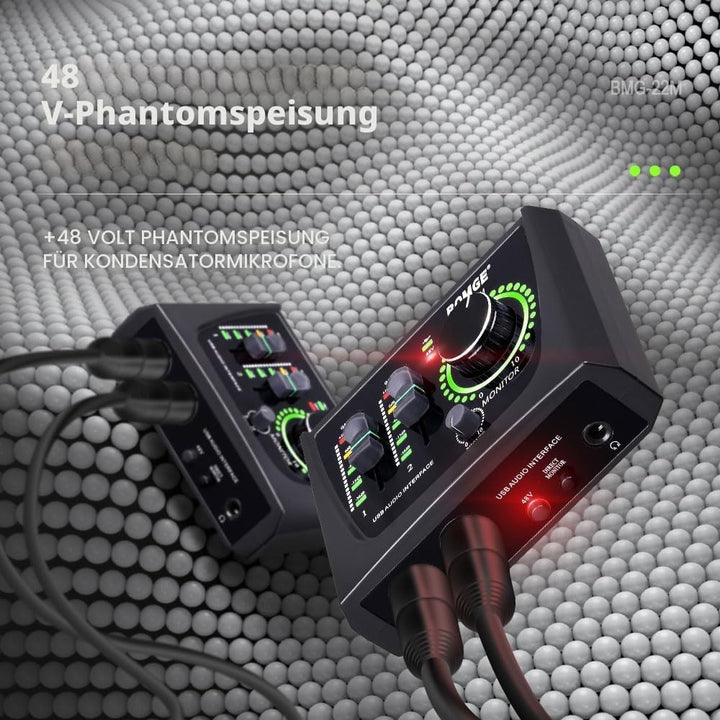 BOMGE Mini-2-Kanal-USB-Audio-Schnittstelle für Aufnahmen, Streaming und Podcasting, mit XLR/48 V Pha