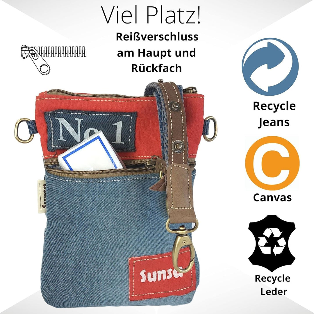 Sunsa Damen Tasche/Umhängetasche. Kleine Bag aus Canvas & Recycelte Jeans. Nachhaltige Taschen. Cros