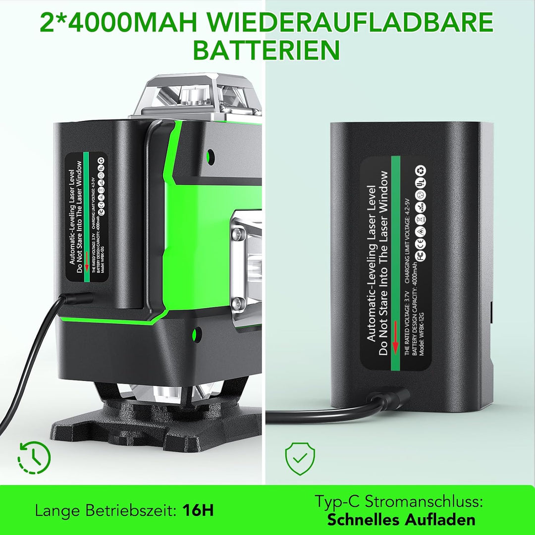 Kreuzlinienlaser 4x360°, FELLAT Grün Selbstnivellierend Laser Wasserwaage 16 Linienlaser Rotationsla
