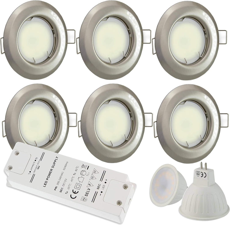 6x LED Einbaustrahler silber rund 5 Watt kaltweiss 12V mit Trafo - MR16 Einbauleuchten schwenkbar au