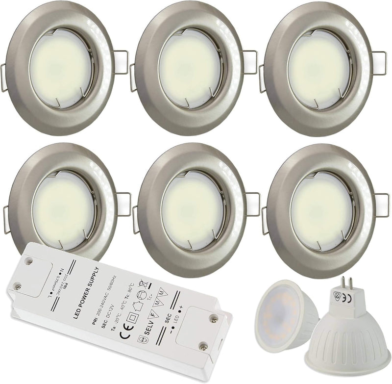 6x LED Einbaustrahler silber rund 5 Watt warmweiss 12V mit Trafo - MR16 Einbauleuchten schwenkbar au