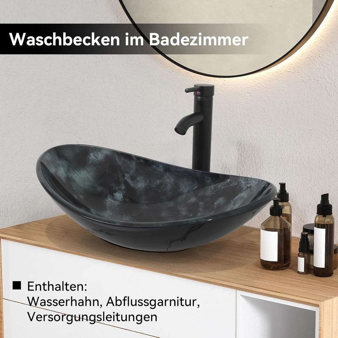 YU YUSING Waschbecken Glas Aufsatzwaschbecken Oval mit Wasserhahn Set, Waschtisch für Badezimmer Küc