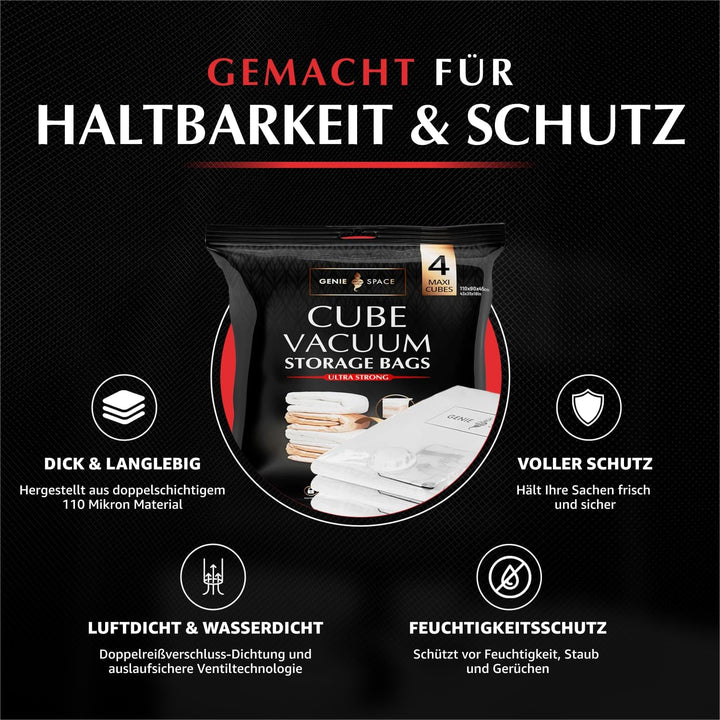 GENIE SPACE Vakuumbeutel - 4er Pack, Maxi Grösse 110x90x45cm | Starke XXL Jumbo Packwürfel | Luftdic