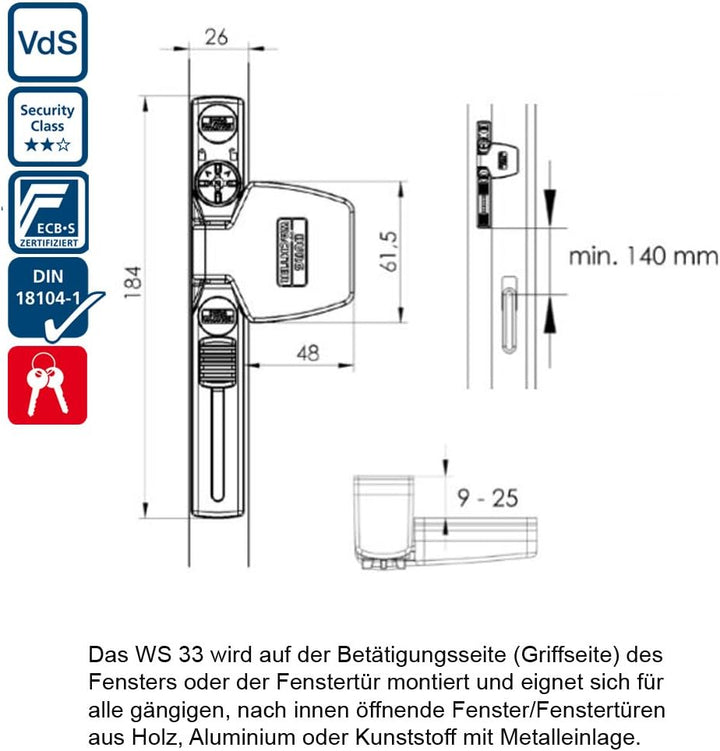 Burg Wächter Fenstersicherung, Braun, 184 x 74 x 37 Braun Fenstersicherung Griffseite, Braun Fenster