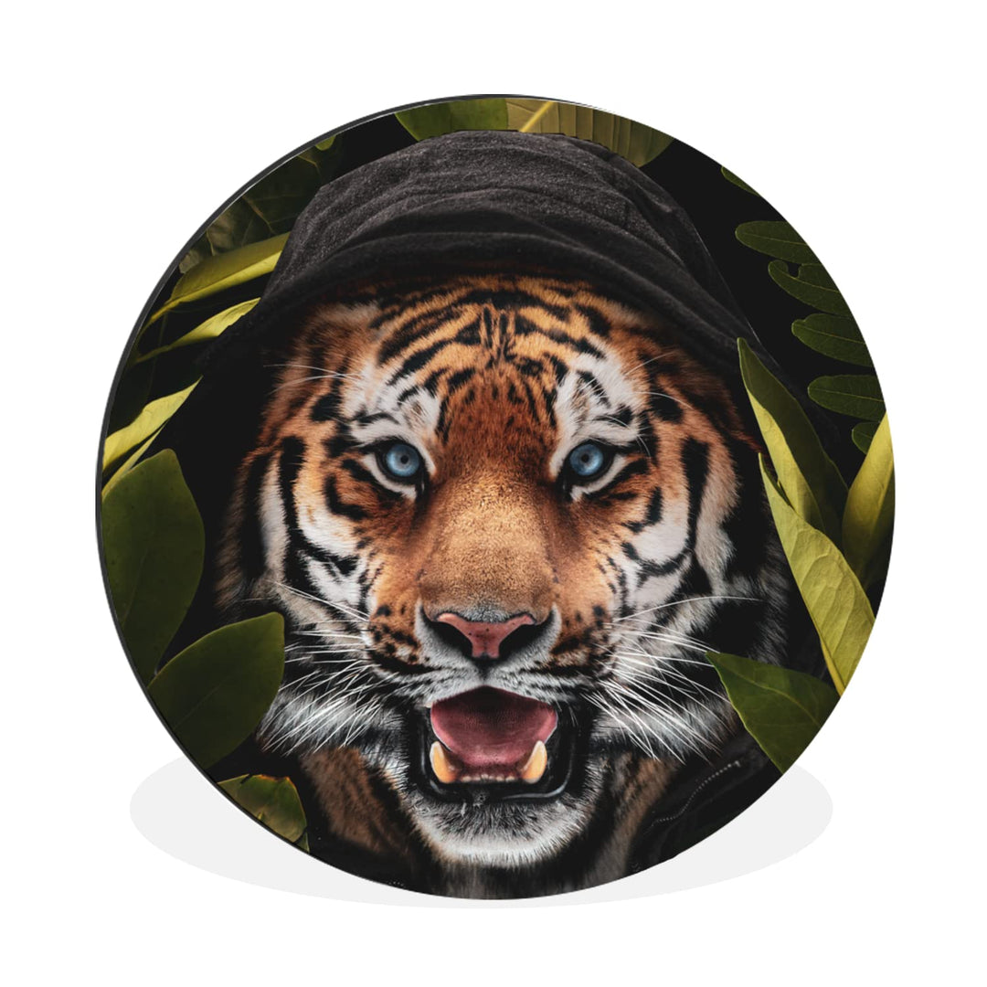 MuchoWow Wandbild Rund Wanddeko Deko Wohnzimmer Bilder 90x90 cm Tiger - Dschungel - Blätter, 90x90 c
