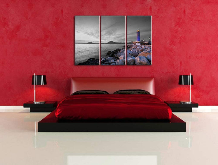 Romantischer Leuchtturm bei Ebbe schwarz/weiss 3-Teiler Leinwandbild 120x80 Bild auf Leinwand, XXL r