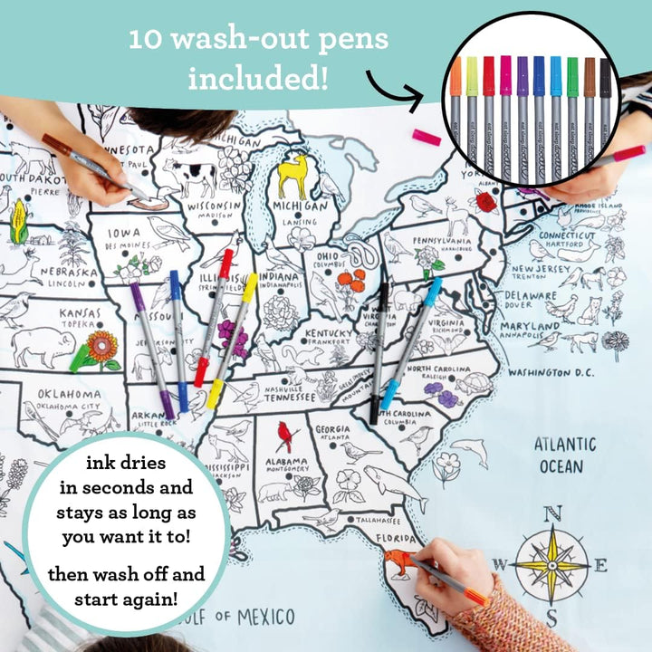 eatsleepdoodle Color &amp; Learn Tischdecke mit waschbaren Stoffmarkern US Map, Us-karte