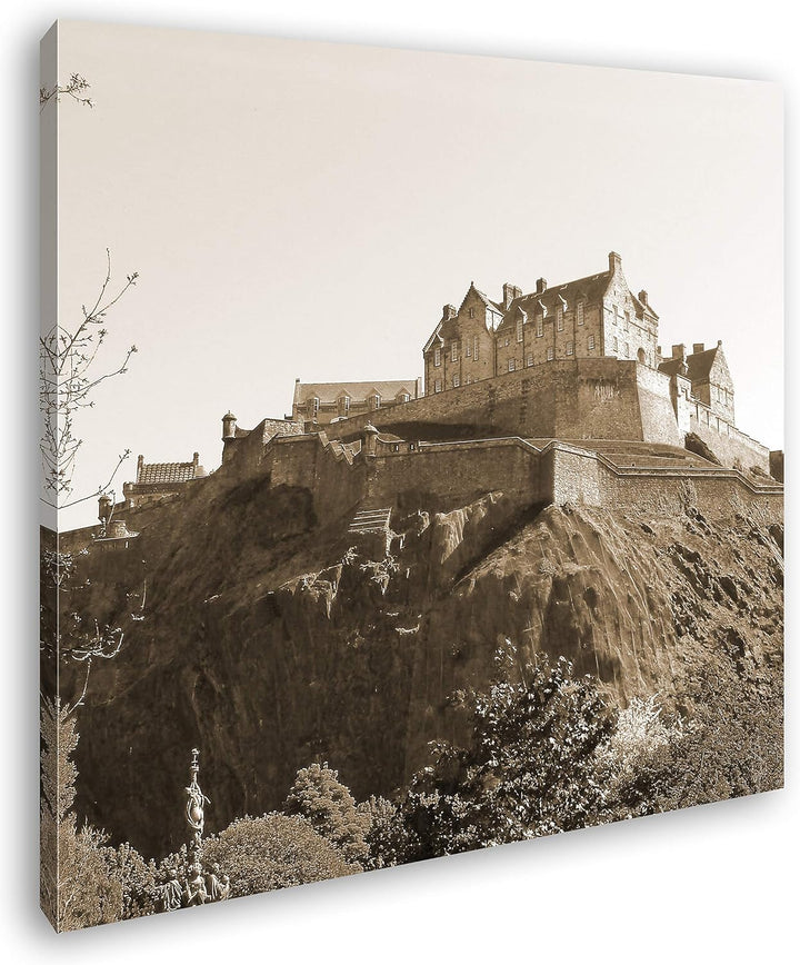 deyoli Burg in Edinburgh Schottland Format: 60x60 Effekt: Sepia als Leinwandbild, Motiv auf Echtholz